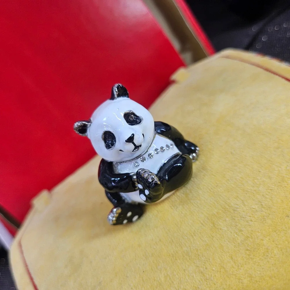 Panda Bear Hinged Trinket Box Enamel Rhinestone‎ Crystal Bejeweled Black White